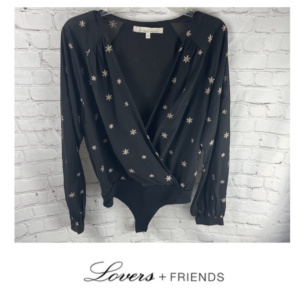 Lovers + Friends LA Black Long Sleeve Star Body Suit
